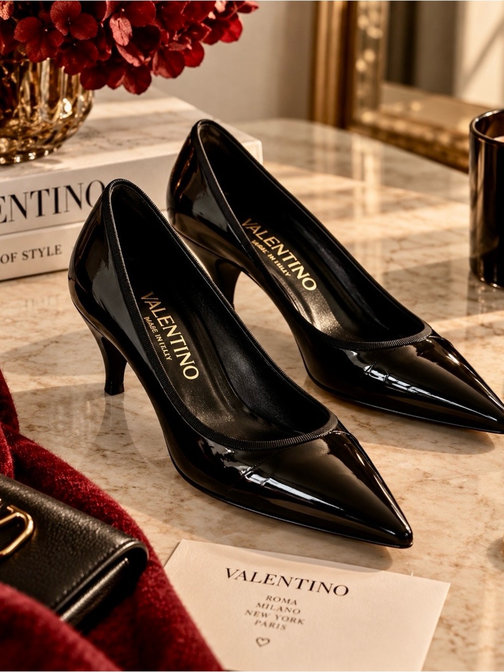 Valentino Italy Black Patent Leather Pointed Toe Pumps Heels Vintage US 6.5